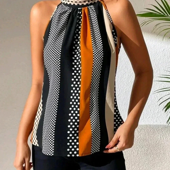 COPY - Polka Dot Print Key Hole Back Halter Neck Blouse - Picture 3 of 6